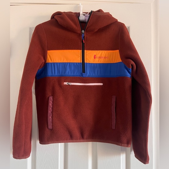 Cotopaxi Quarter Zip Hooded Jacket in Brown with Orange & Blue Stripes Women XS - Picture 2 of 8